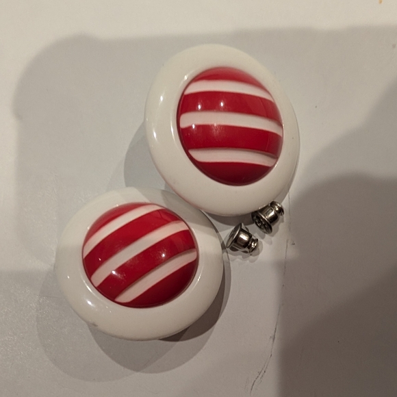 Vintage Jewelry - Vintage Red and White Striped Dome Clip-On Earrings